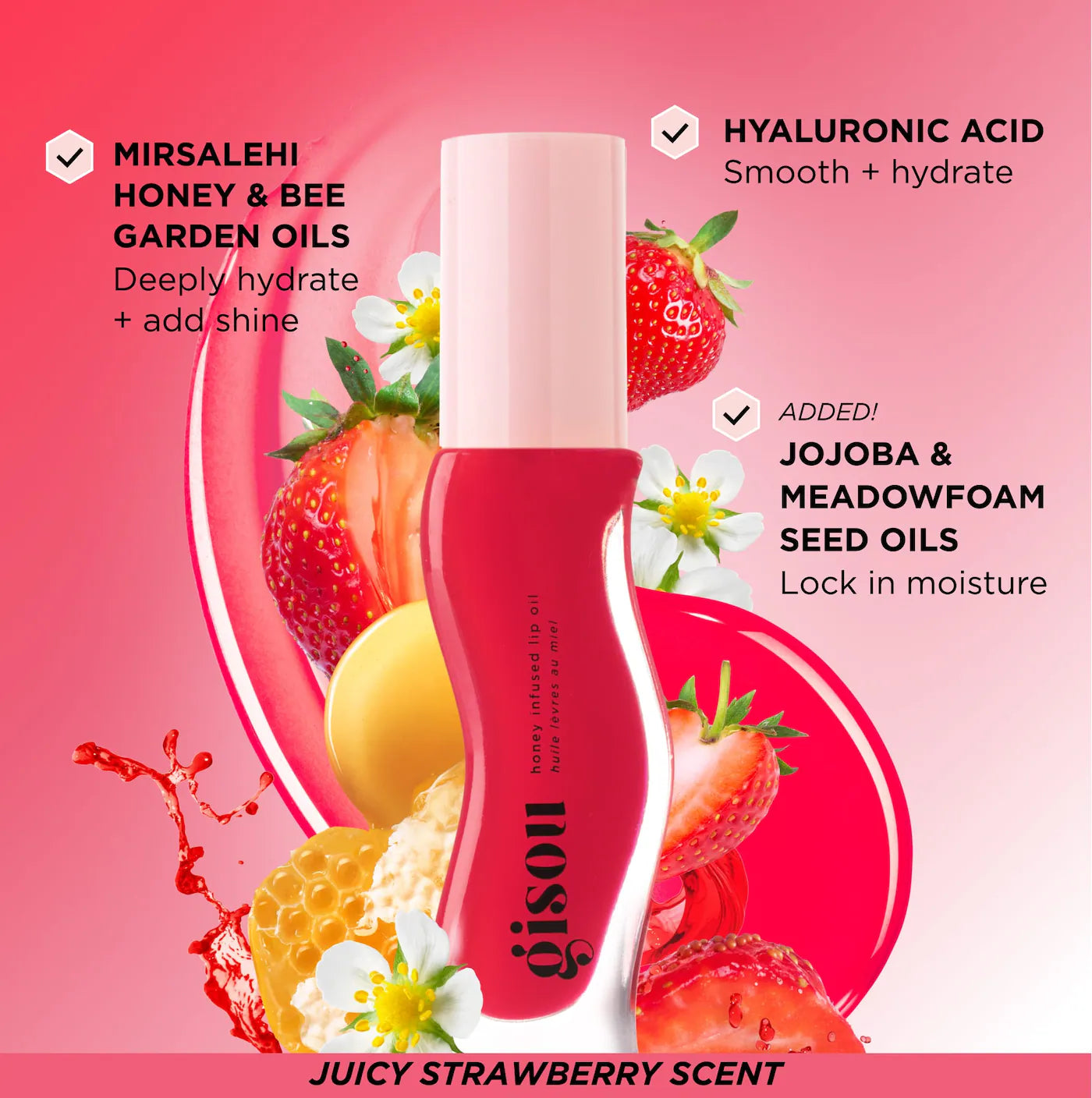 Gisou  Honey Infused Hydrating Lip Oil - Strawberry Sorbet - Sheer Pinky Red